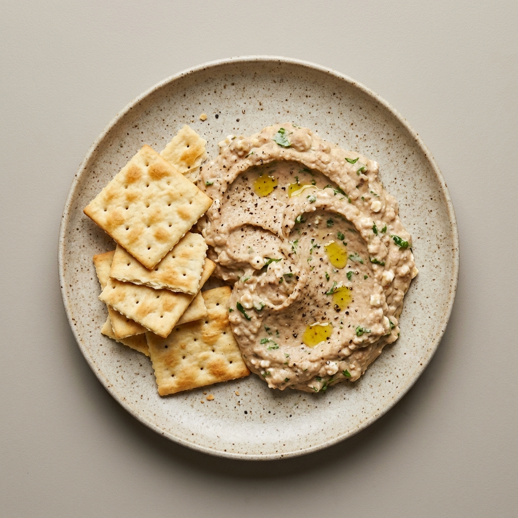 Dip de alubia y jocoque con queso cottage al cilantro, con galletas saladas