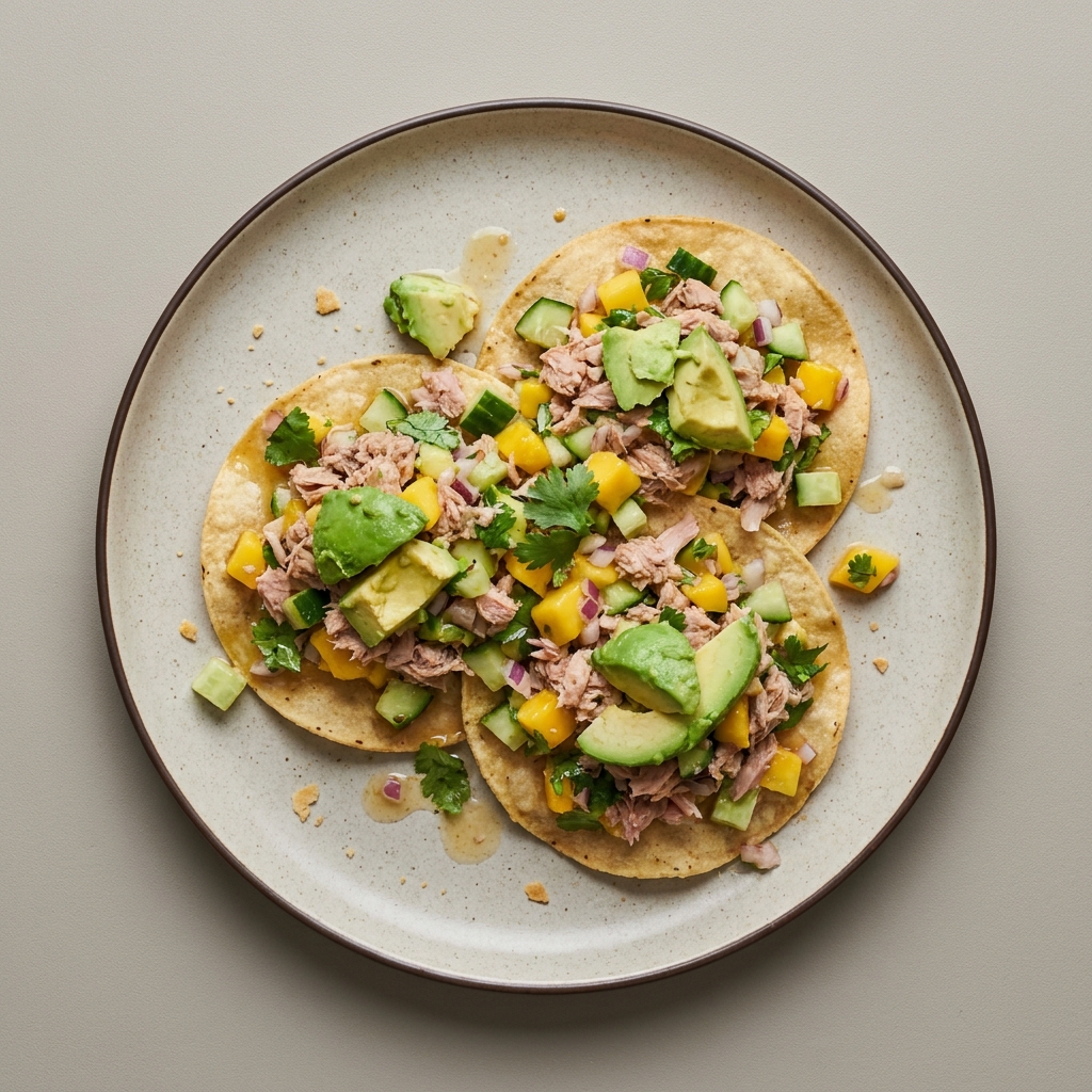 Tostadas de atún con mango, pepino y aguacate