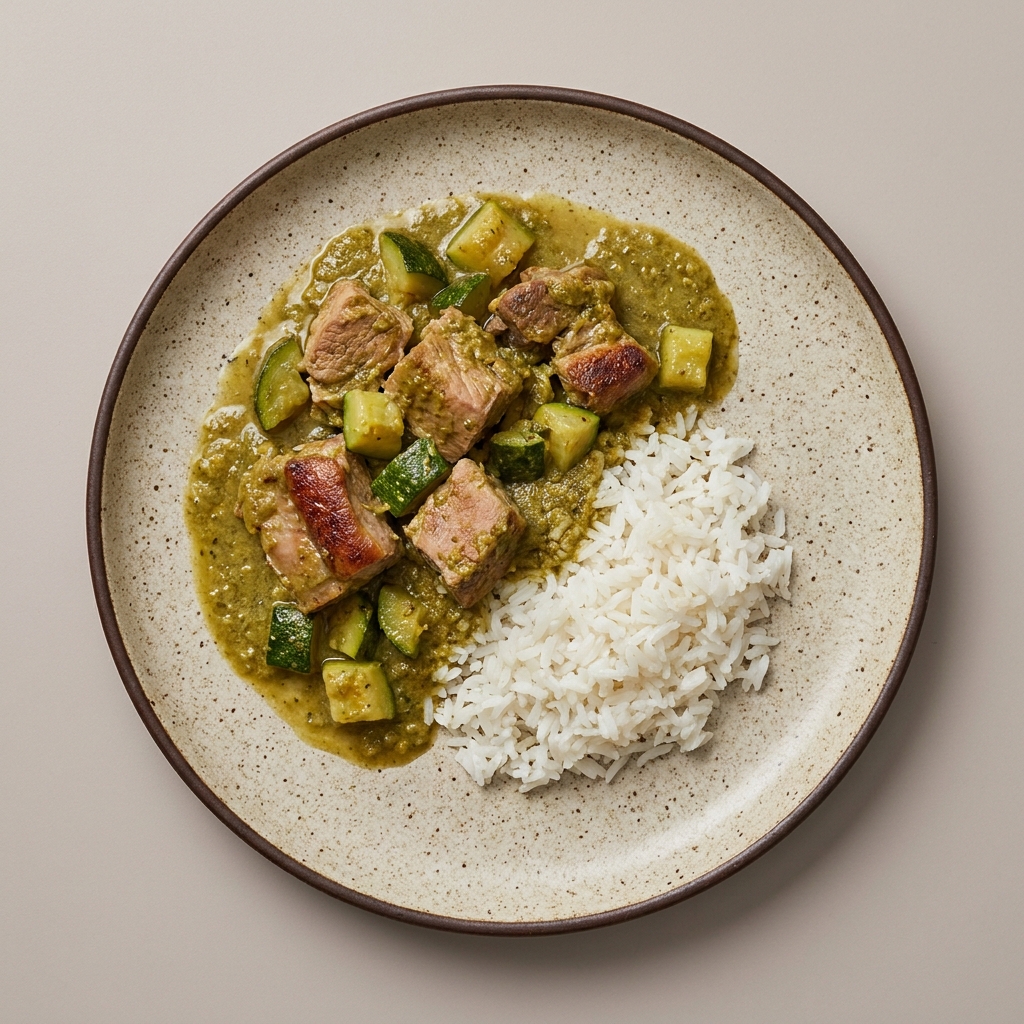 Pierna de cerdo en pipián verde con arroz y calabacitas