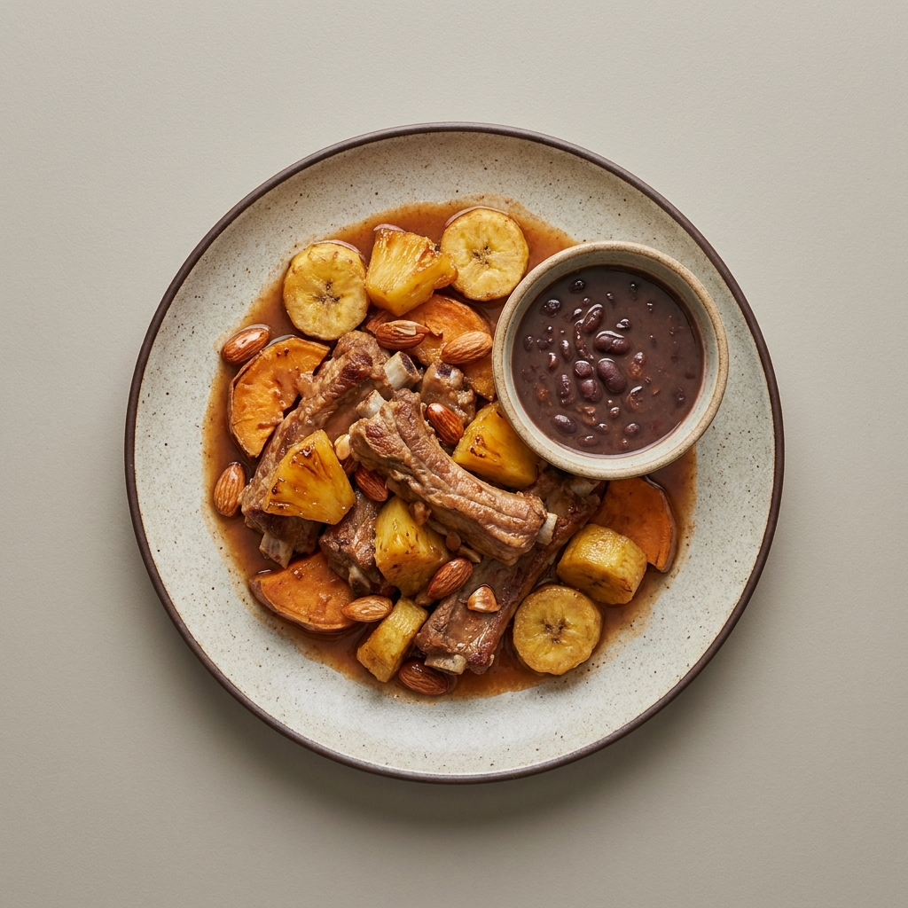 Manchamanteles de costilla de cerdo con piña, plátano macho, camote y almendra, con frijoles de la olla
