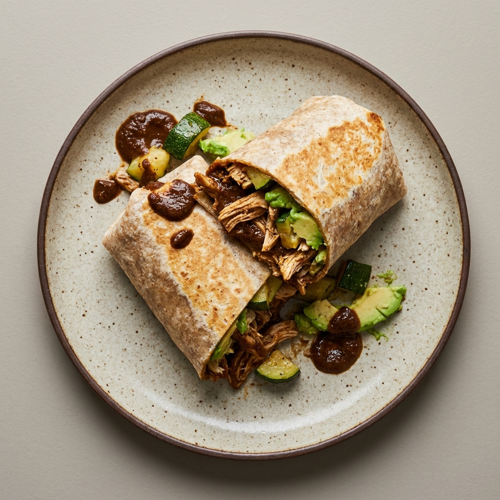 Burrito de pollo en mole con calabacitas y aguacate