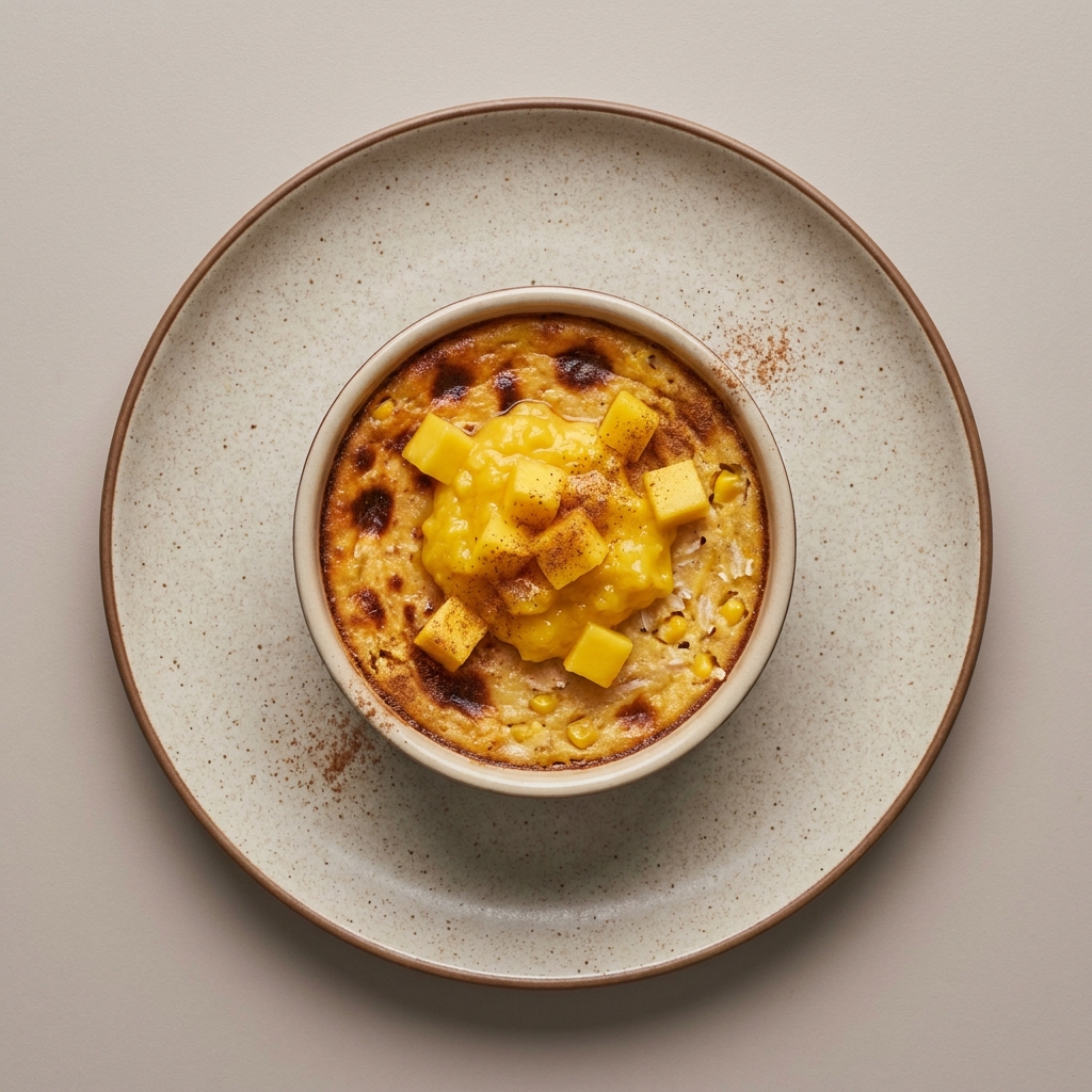 Jericalla de elote y coco con mango