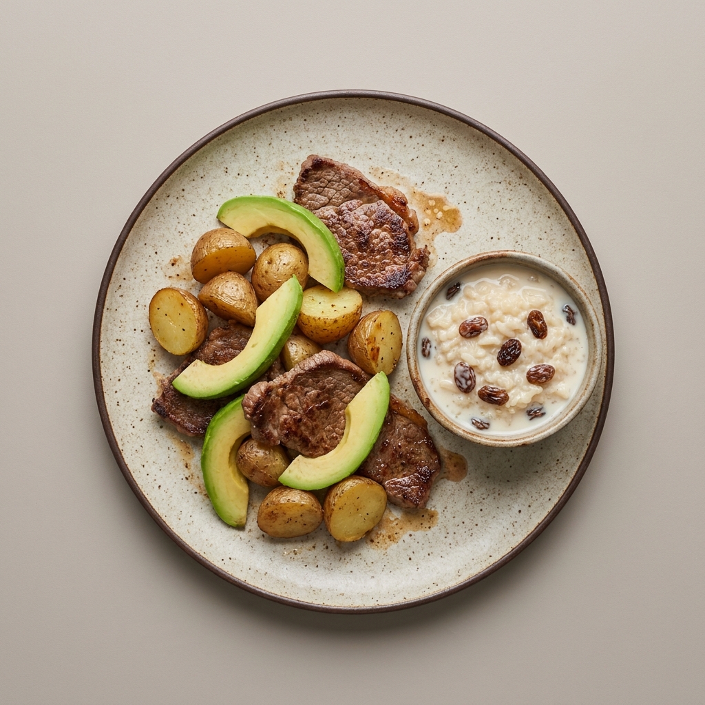 Bistec de bola a la plancha con papas cambray al horno y aguacate, con bowl de arroz con leche y pasitas
