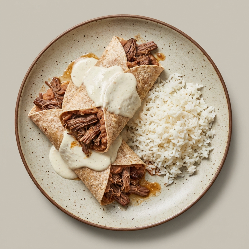 Burritos de res deshebrada con frijoles, bañados en jocoque con tahini, y arroz al lado