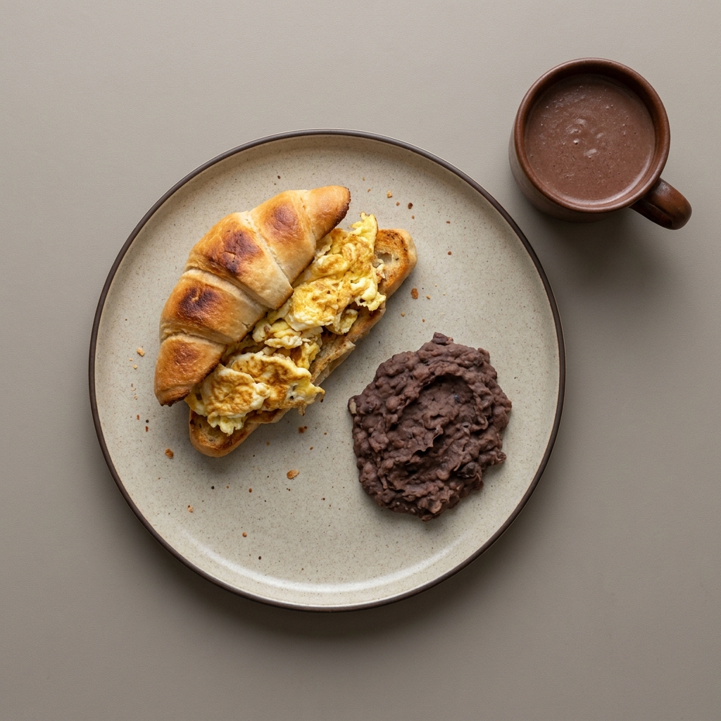 Cuernito relleno de huevo, con frijoles al lado y champurrado de chocolate