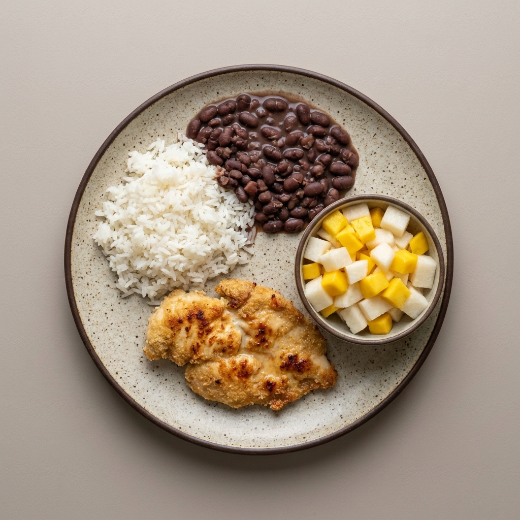 Milanesas de pechuga de pollo empanizadas con harina de almendra, arroz, frijoles de la olla y bowl de jícama con mango