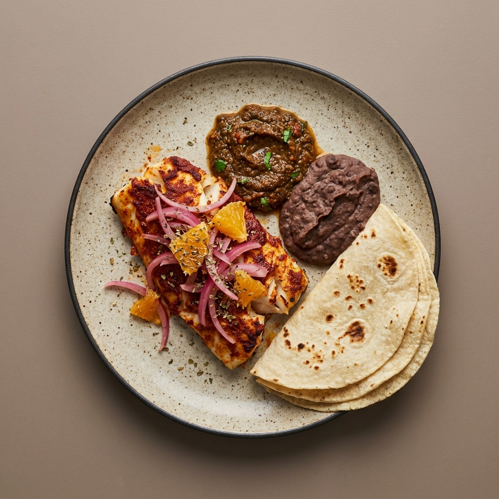Pescado asado al achiote con salsa de pepita y jitomate, cebolla morada curtida con naranja, frijoles refritos y tortillas