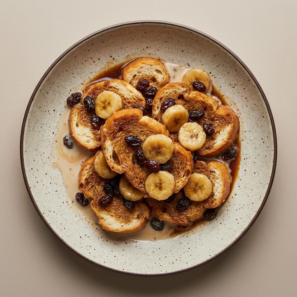 Capirotada de bolillo con plátano, pasitas y leche caliente