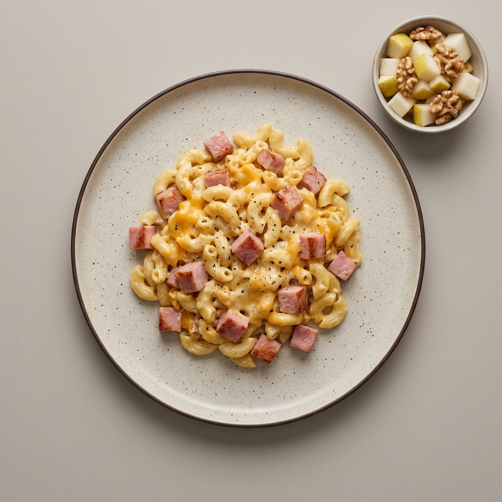 Macarrones con queso y jamón. Postre de pera y nuez