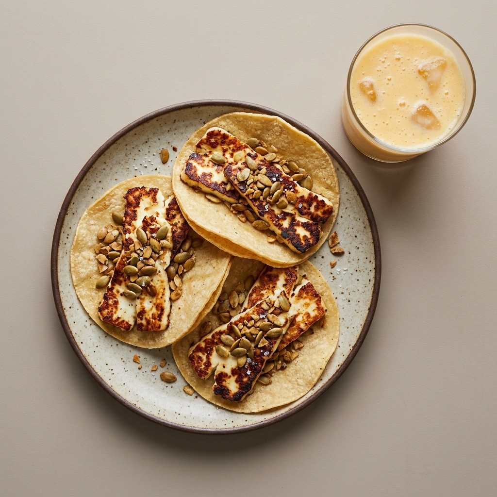 Tacos de queso panela asado con pepita tostada y licuado de mango