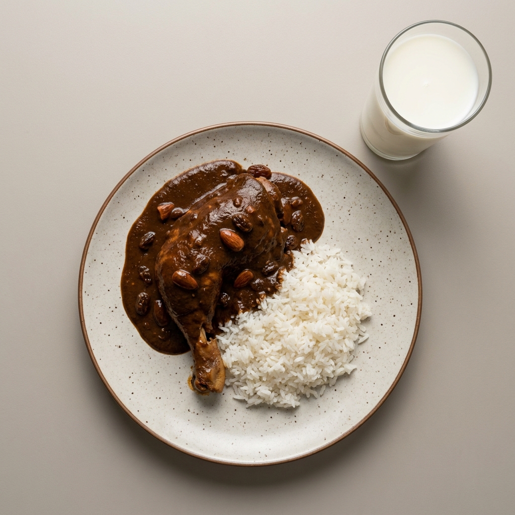 Pollo en mole poblano tradicional con almendra y pasitas, arroz