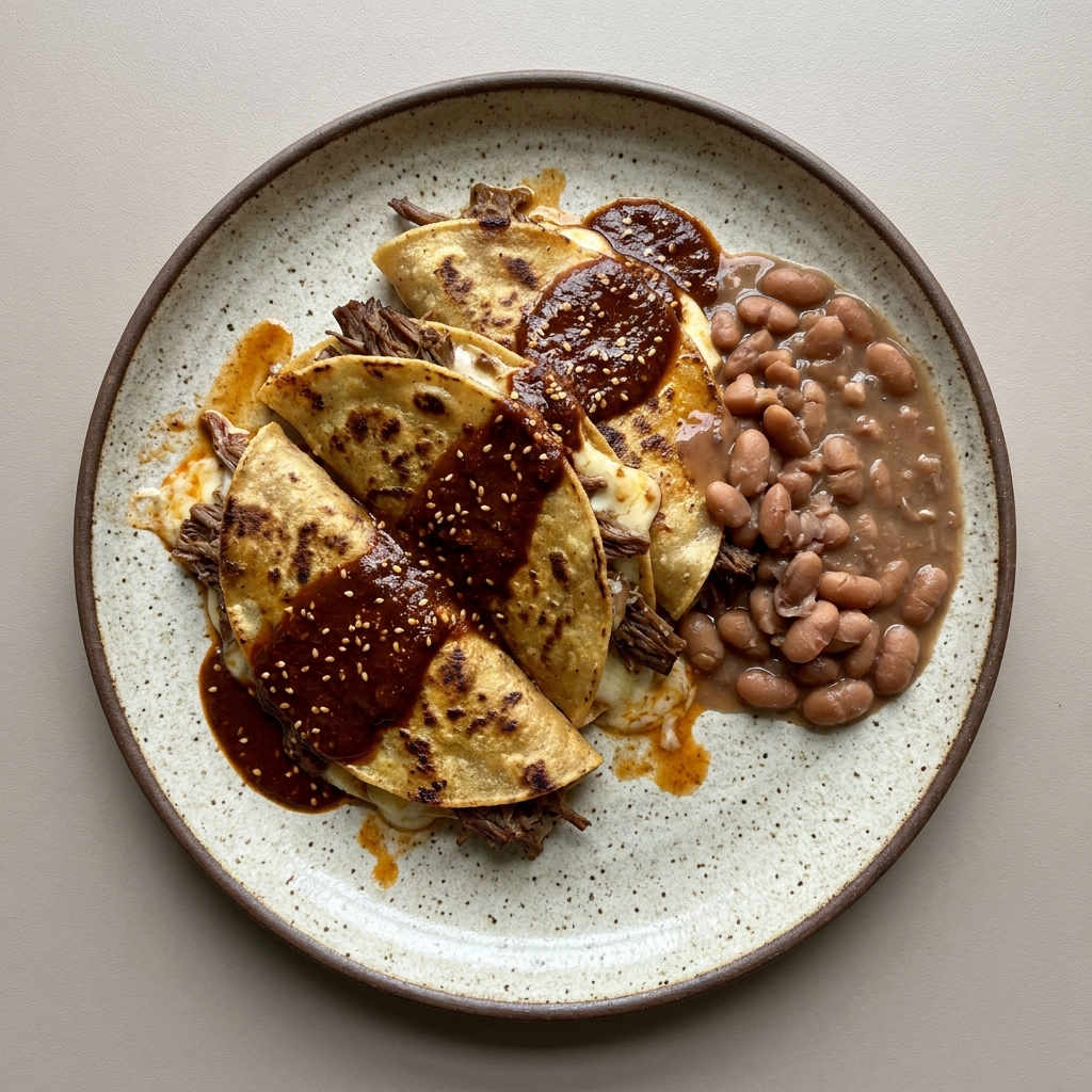 Tacos de birria de res con queso oaxaca en adobo de chile guajillo y ajonjolí, con frijoles de olla