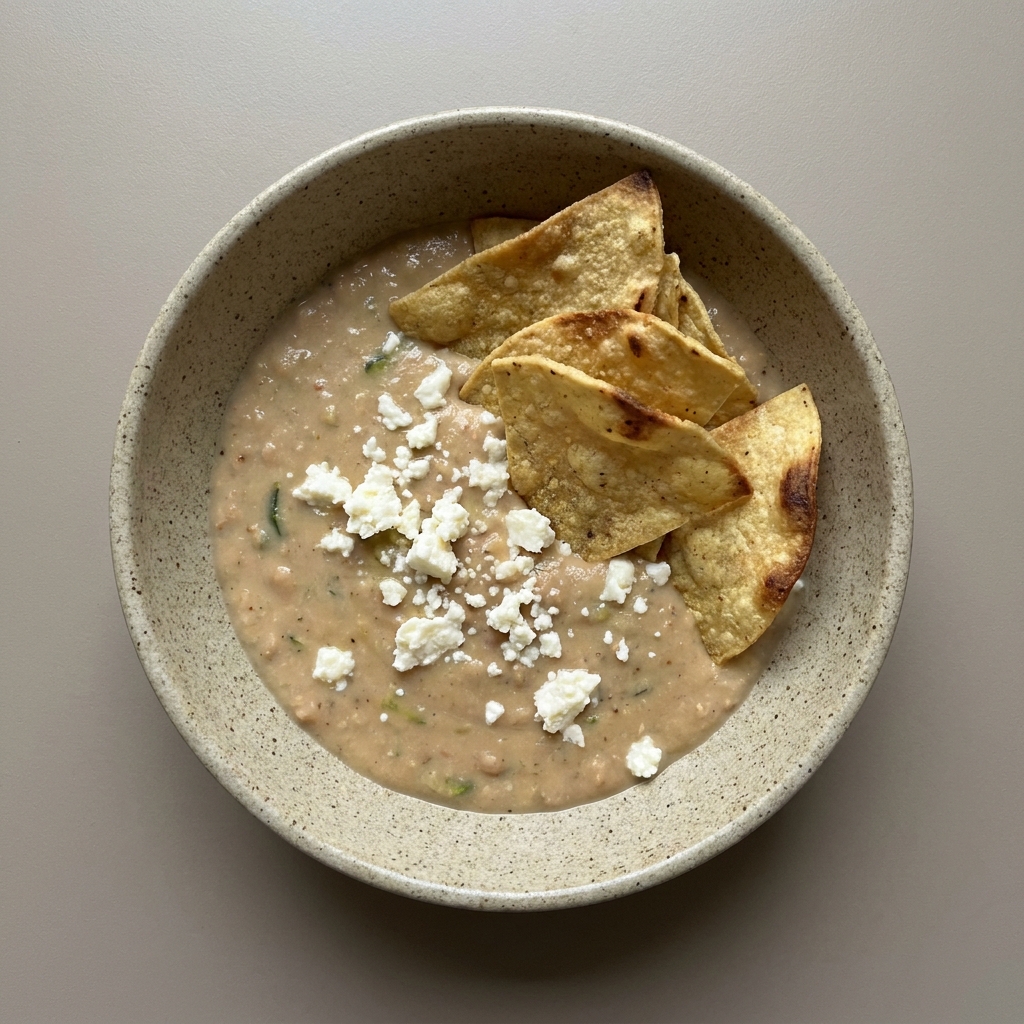 Crema de alubia con almendra, calabacita y queso cottage, con queso fresco y totopos horneados