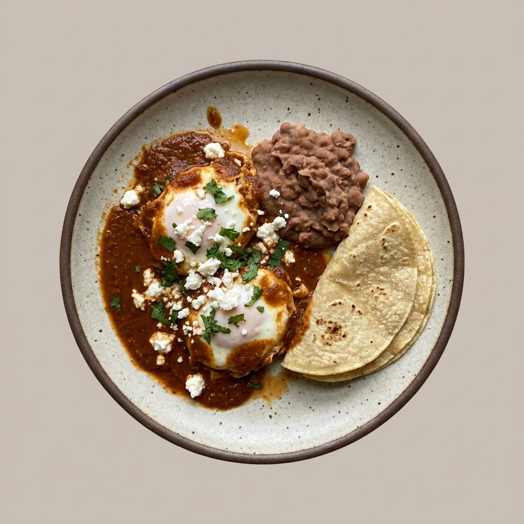 Huevos Rancheros en adobo de chile guajillo y almendra con frijoles refritos
