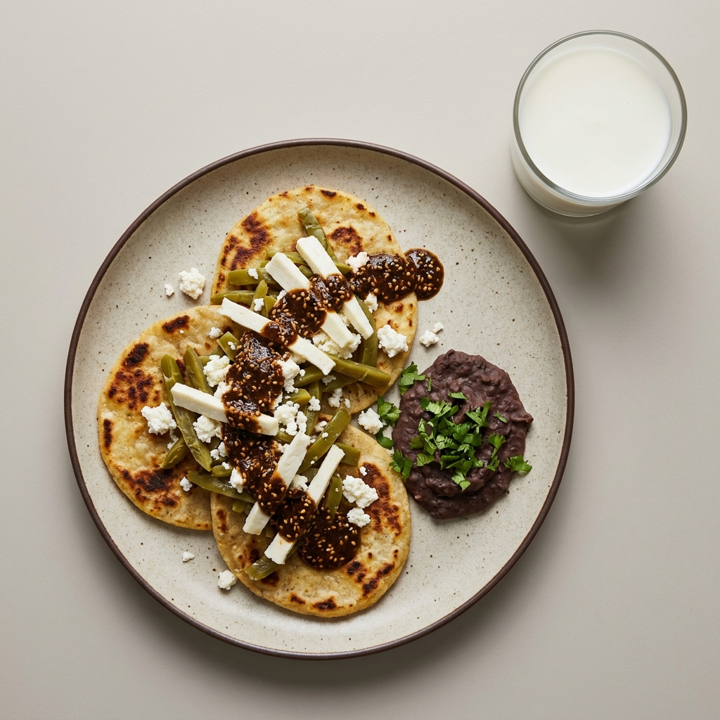 Tlacoyos de frijol con nopalitos, requesón y queso panela, bañados en salsa de ajonjolí