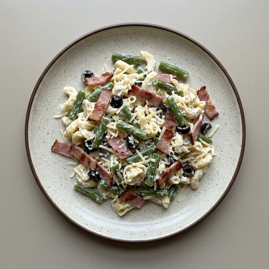 Ensalada de pasta fría con jamón, queso parmesano, ejotes y aceitunas negras