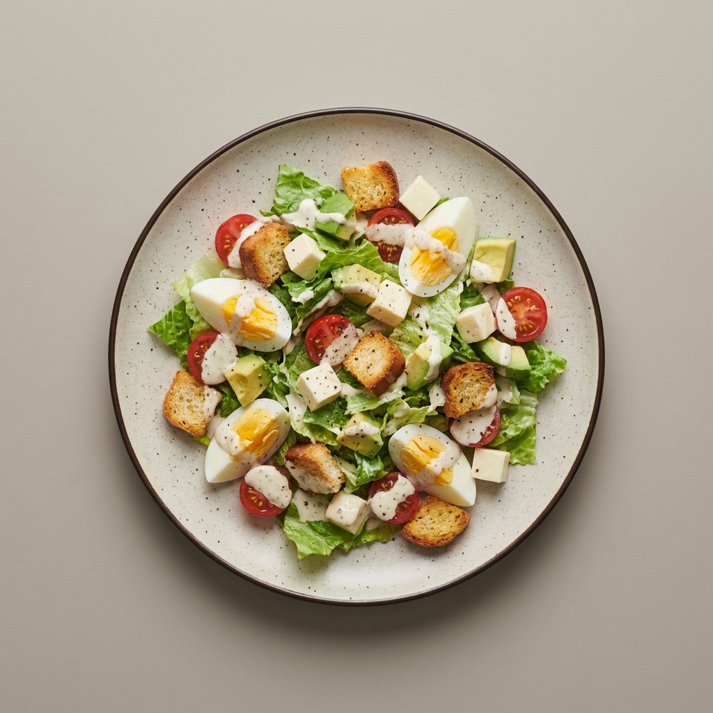 Ensalada fresca con huevo cocido, queso mozzarella, aguacate y croutones