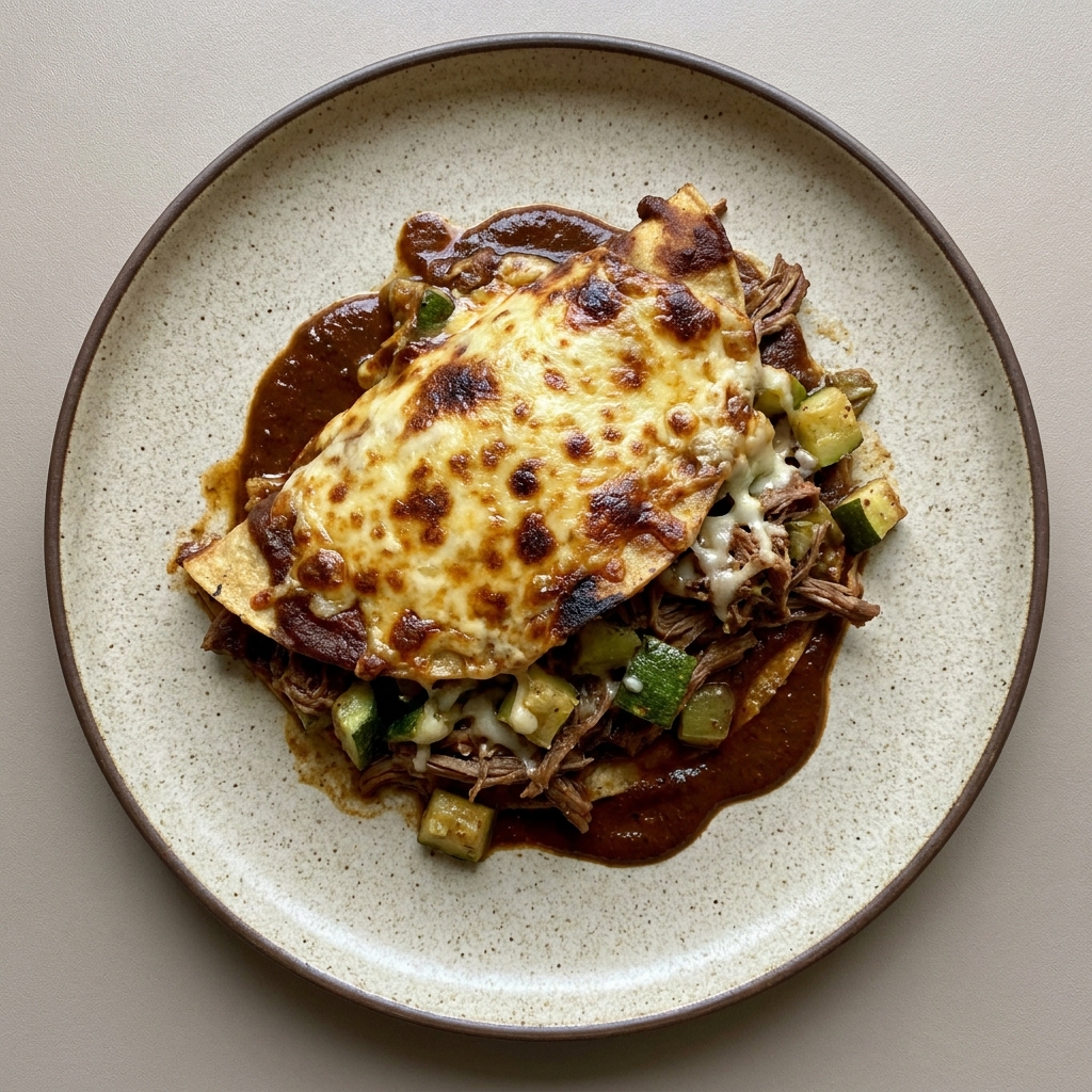 Pastel azteca de res deshebrada en mole con calabacitas y queso manchego gratinado