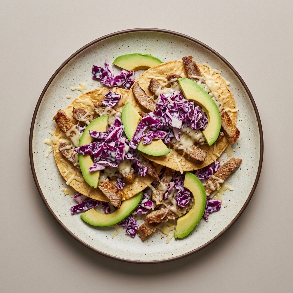 Tostadas de bistec con col morada, queso manchego y aguacate