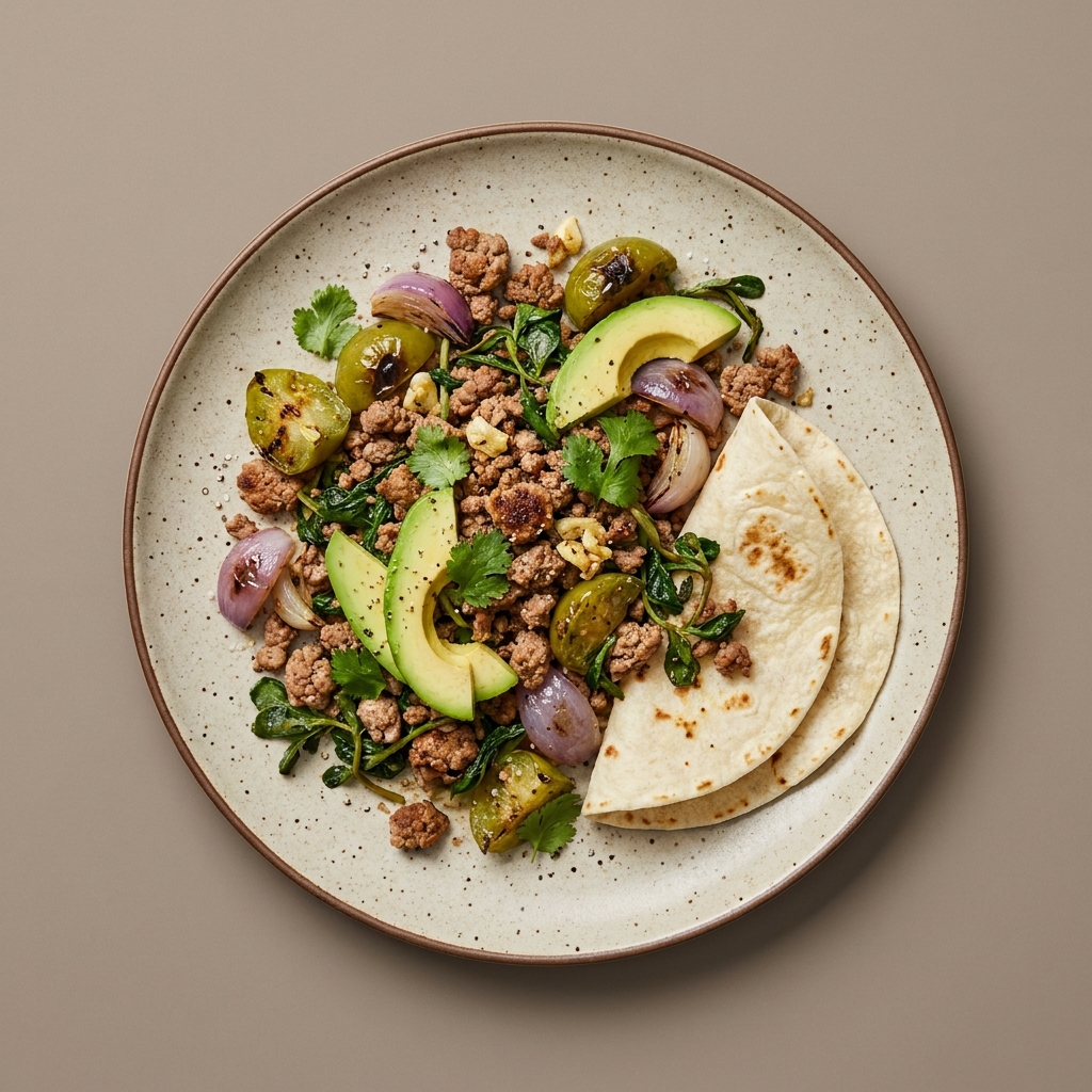 Receta de carne molida de pavo con verdolagas, tomate verde martajado y cebolla, con tortillas de harina y aguacate de 203 Kcal