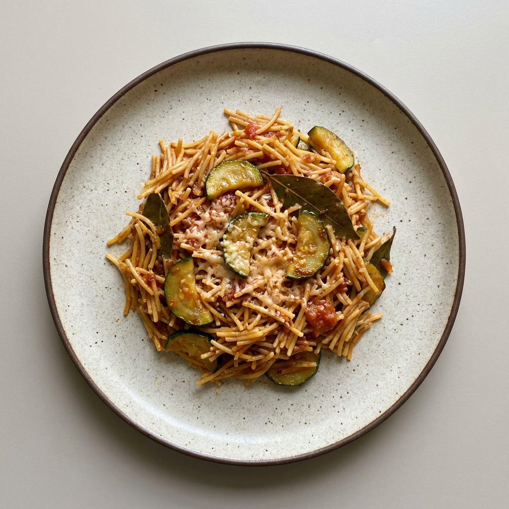 Sopa seca de fideo con calabacita y queso parmesano