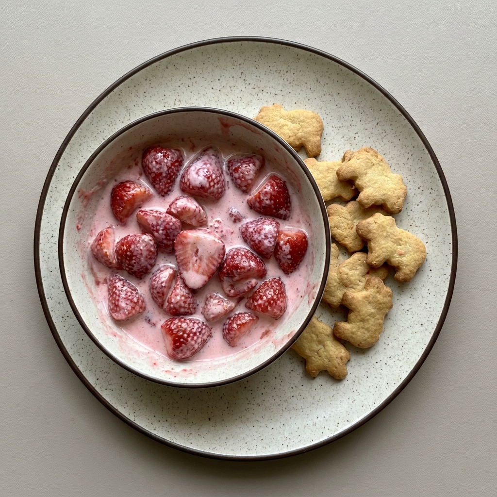 Fresas con crema acompañadas de galletas de animalito