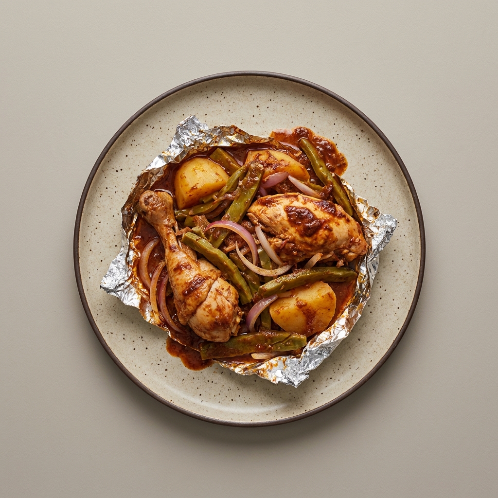 Mixiote de pollo con nopales y papa en adobo de chile guajillo
