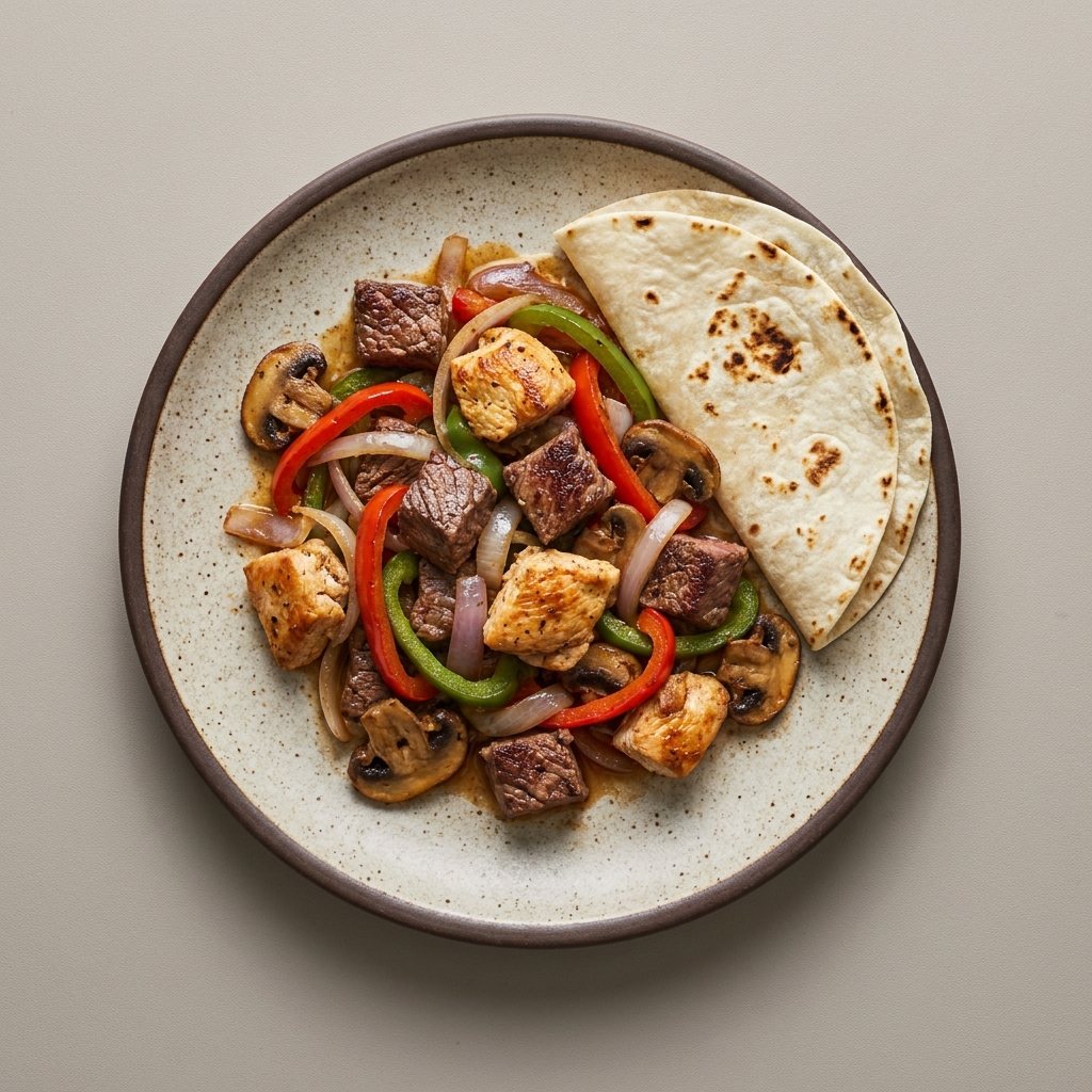 Discada norteña de arrachera y pollo con champiñones, pimiento morrón, cebolla y tortillas de harina