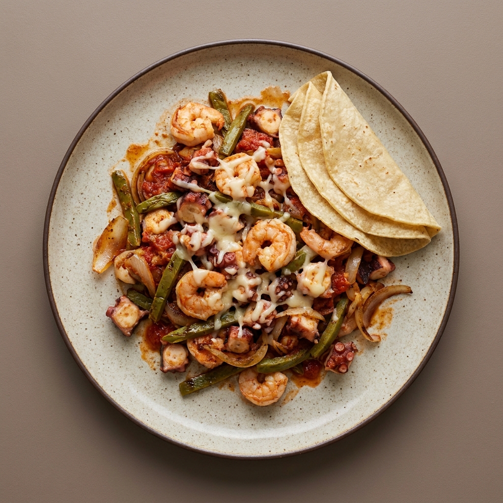 Pulpo y camarón con queso oaxaca, nopales y tortillas