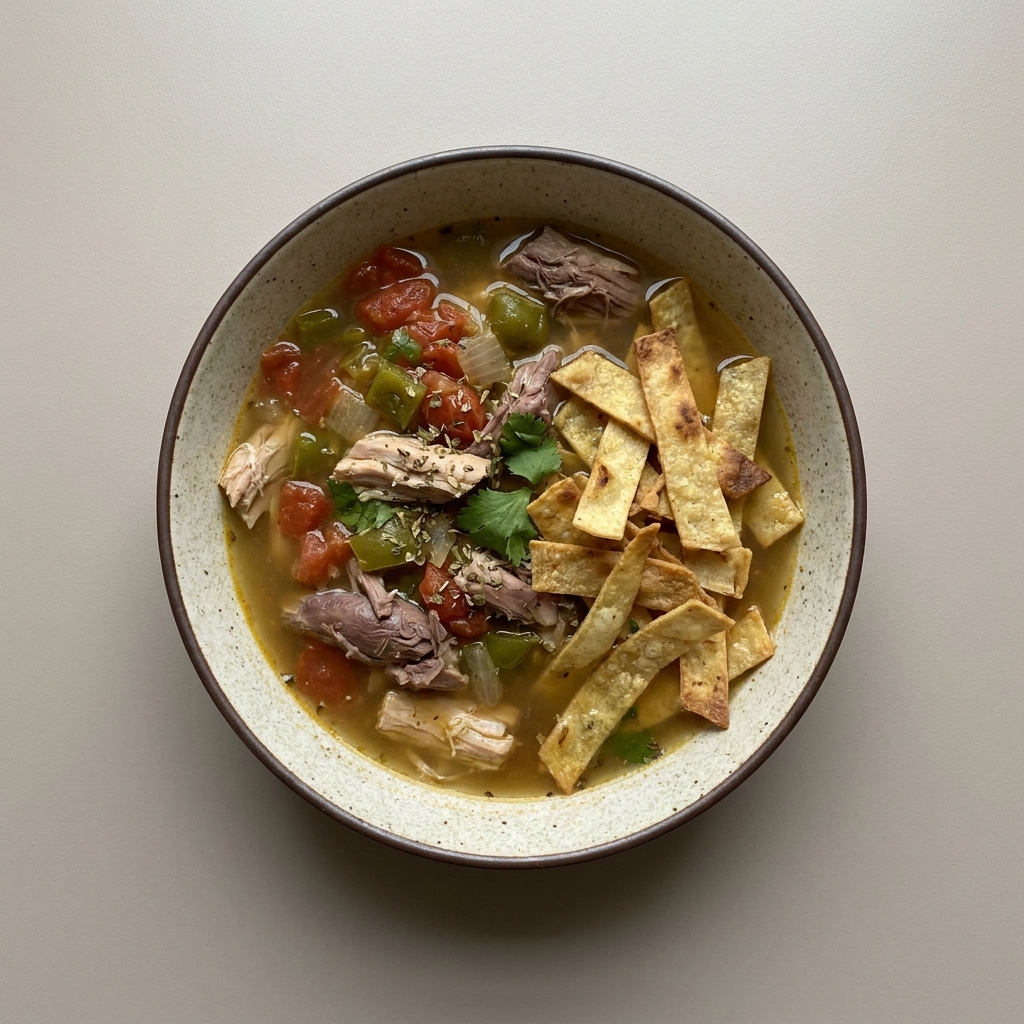 Sopa yucateca con pollo, verduras y tiras de tortilla horneadas