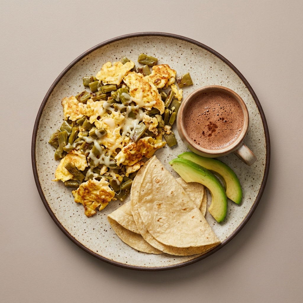 Huevos revueltos con nopales y queso oaxaca. Acompañado de chocolate de agua