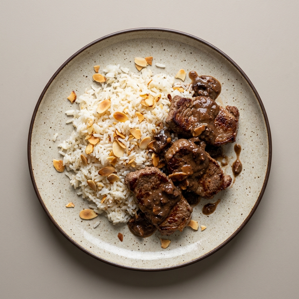 Bisteces de res en salsa cremosa de ciruela pasa con arroz y almendra
