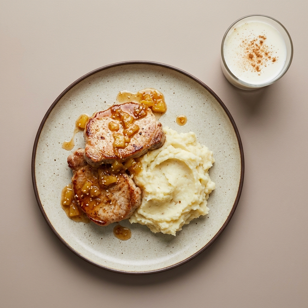 Chuletas de cerdo en salsa de piña y ajonjolí con puré de papa