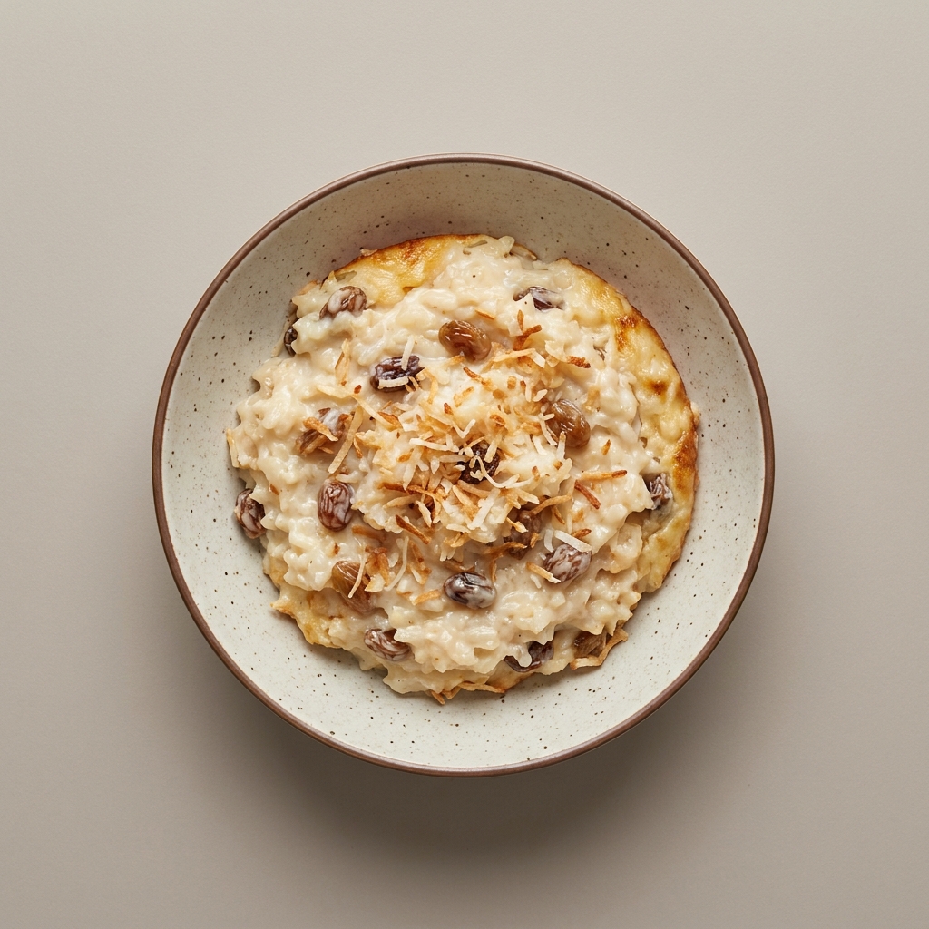 Arroz con leche con coco tostado y pasitas