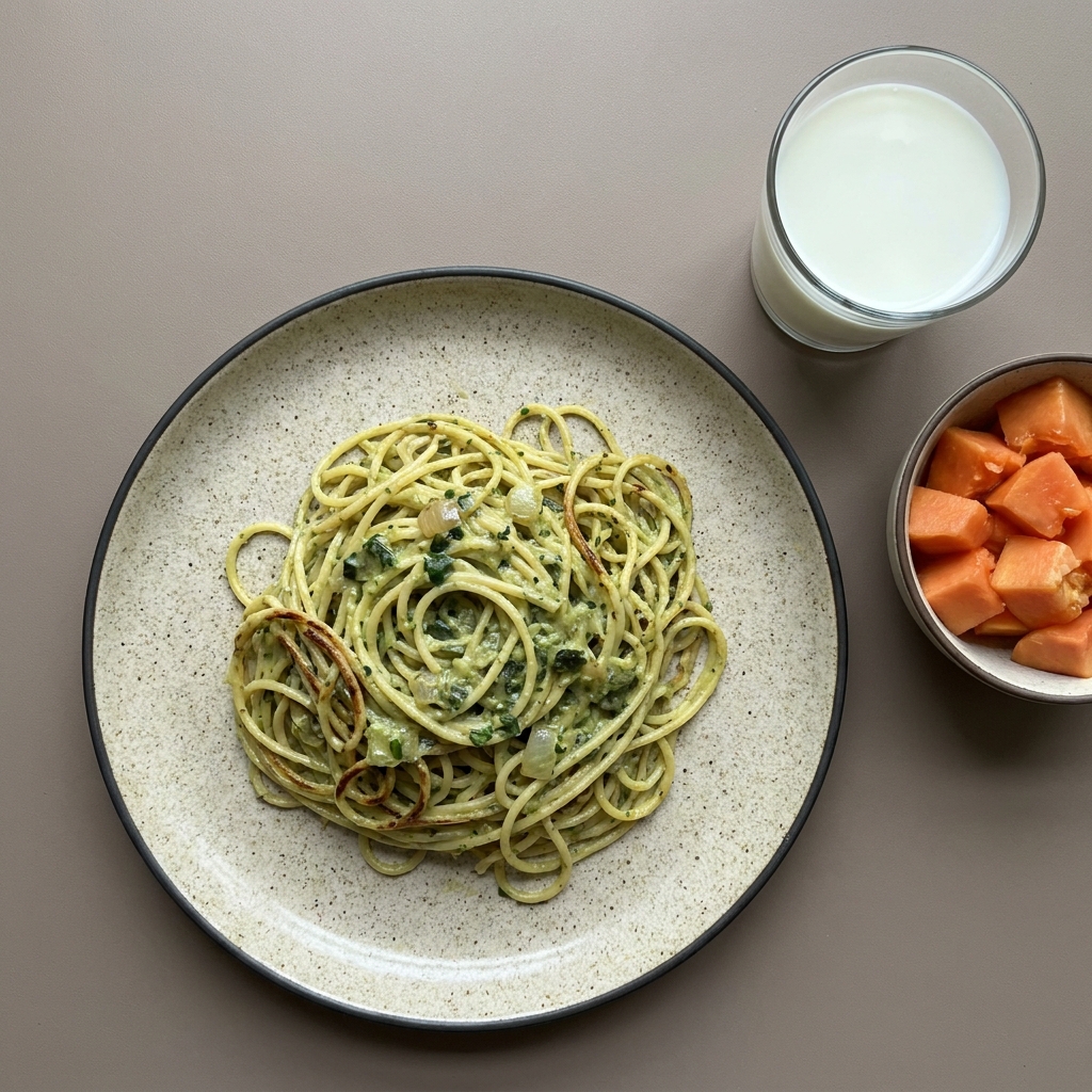 Espagueti verde de chile poblano con crema y agua fresca de papaya