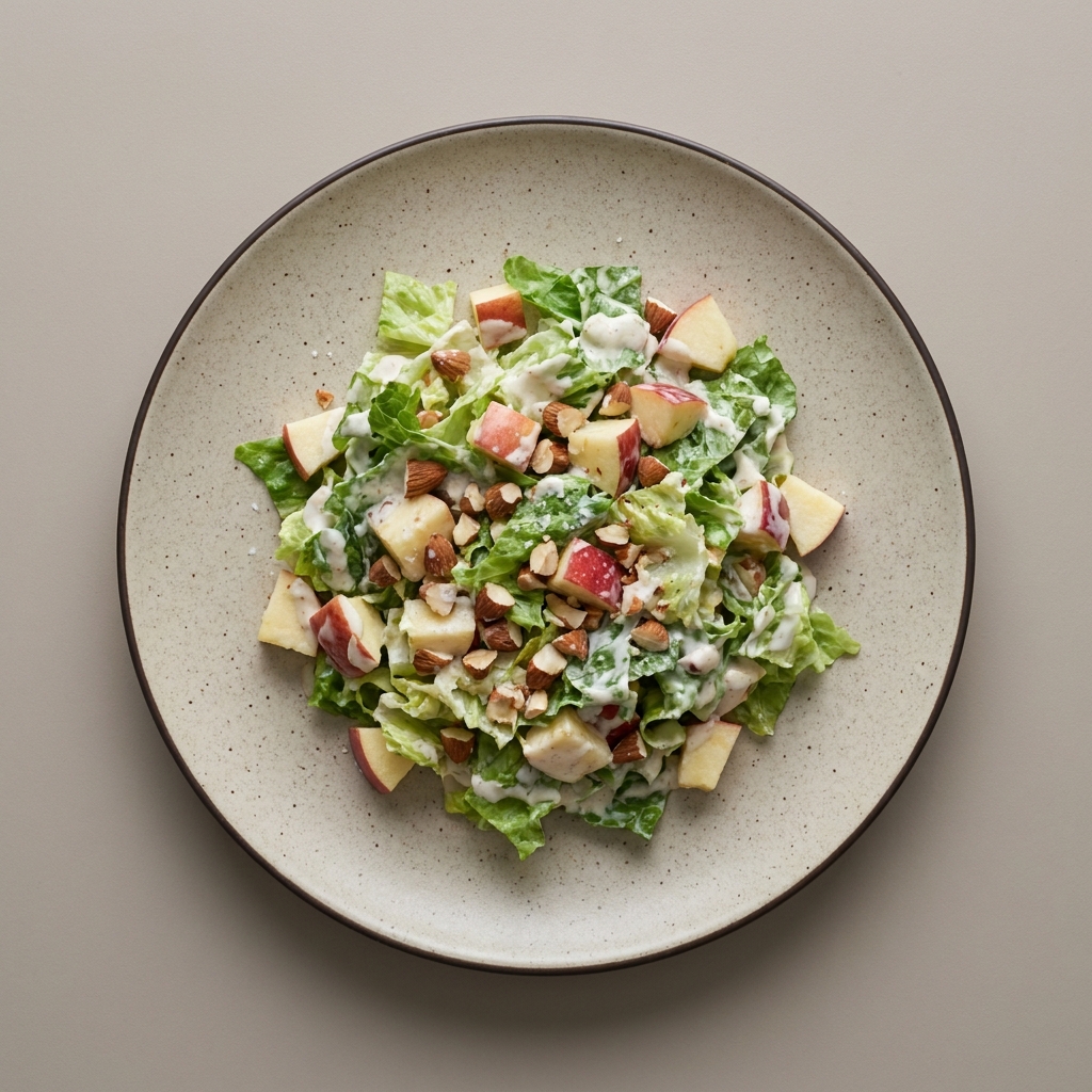 Ensalada de lechuga con manzana, almendra y aderezo de yogurt griego