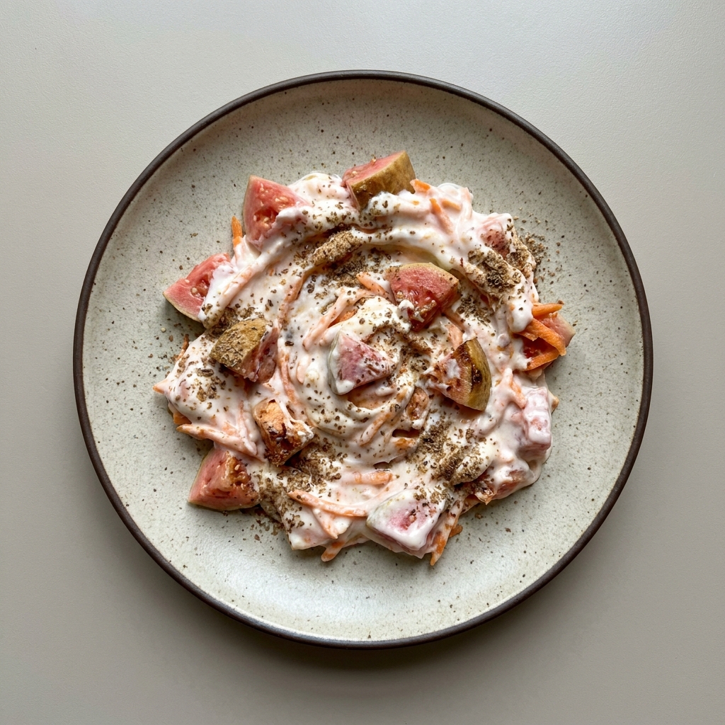Bowl de yogurt con guayaba, zanahoria rallada y linaza
