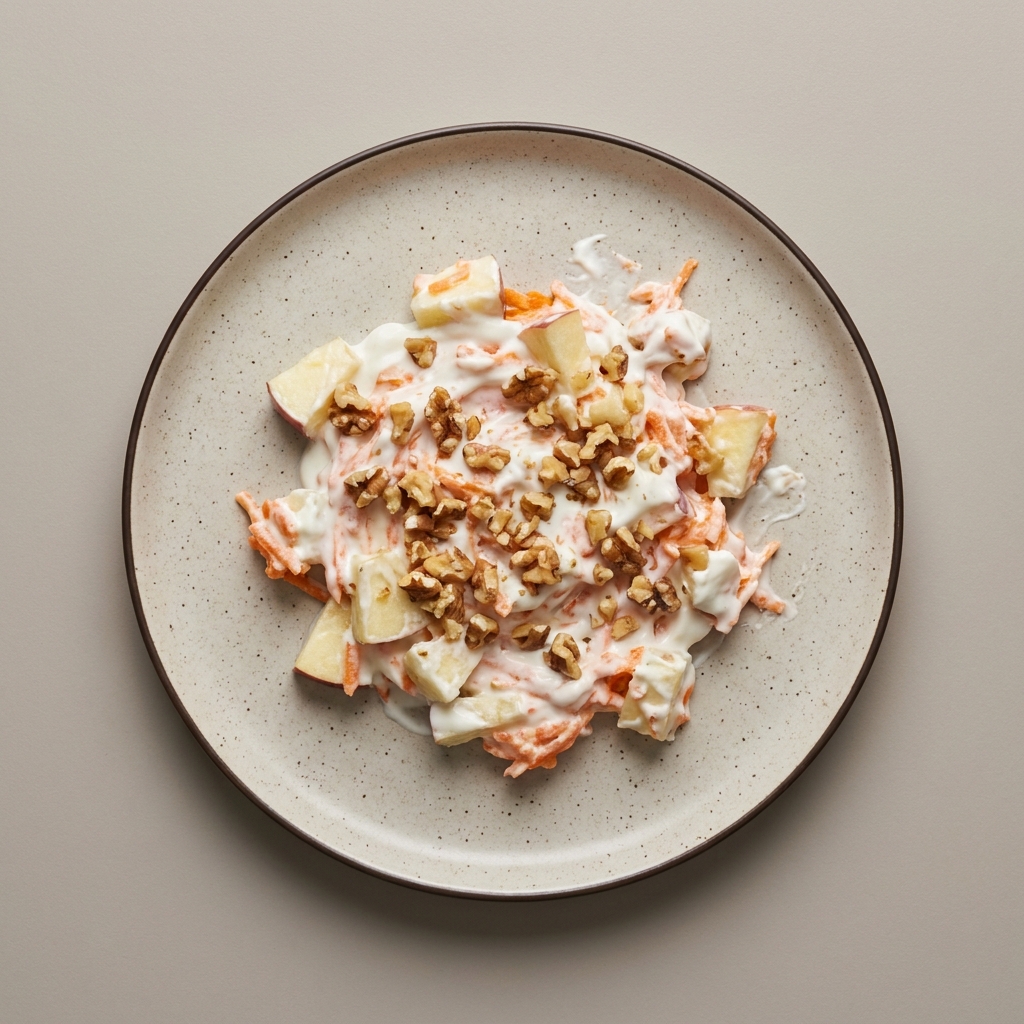 Bowl de yogurt con manzana, zanahoria rallada y nuez