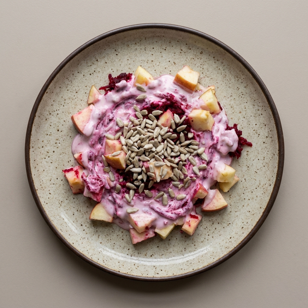 Bowl de yogurt con manzana, betabel rallado y girasol