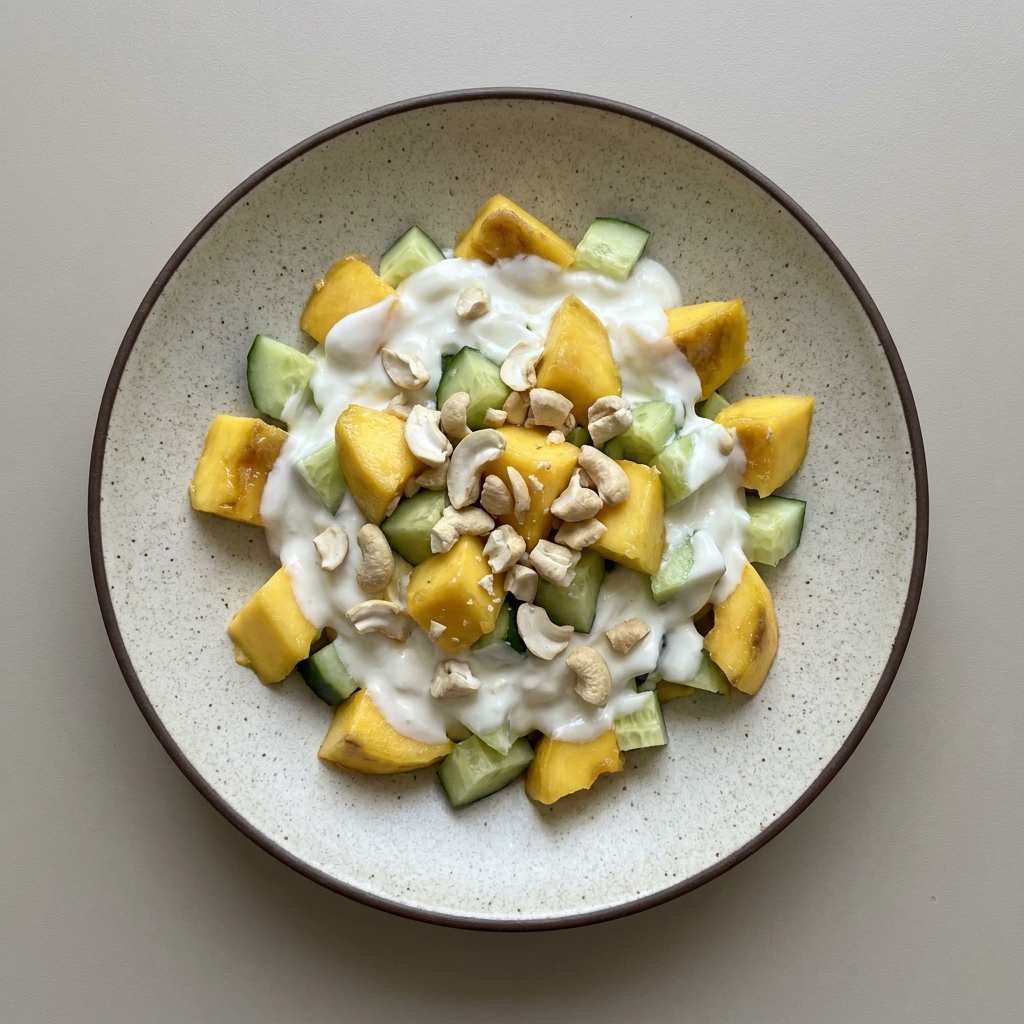 Bowl de yogurt con mango, pepino y nuez de la india