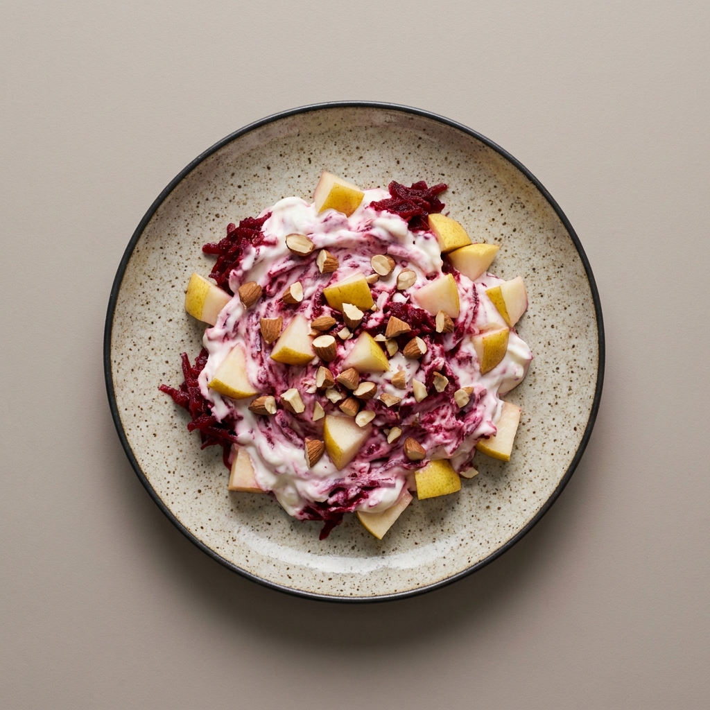 Bowl de yogurt con pera, betabel rallado y almendra