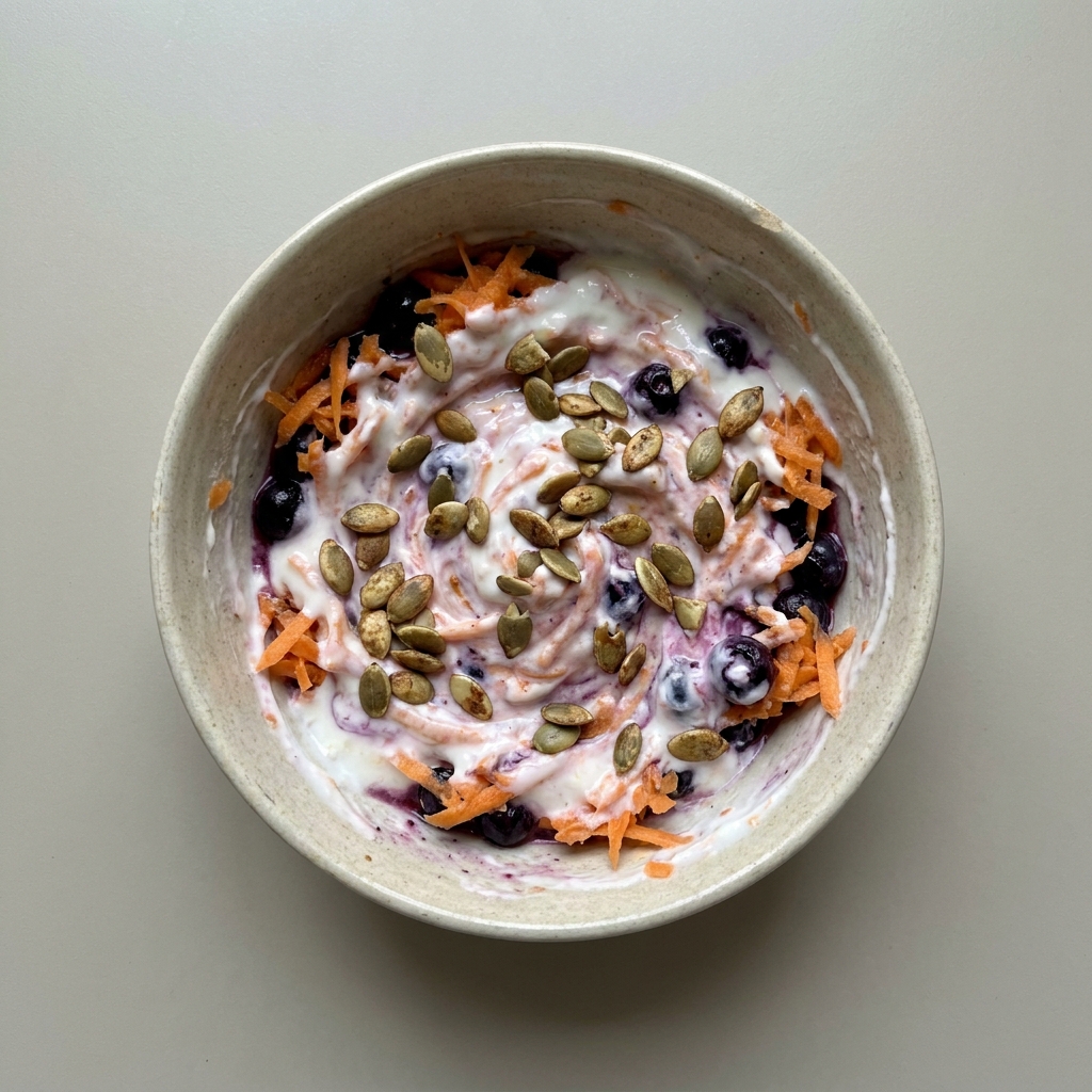 Bowl de yogurt con arándano, zanahoria rallada y pepita