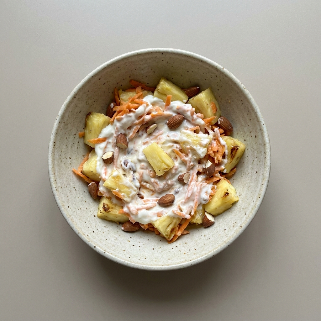 Bowl de yogurt con piña, zanahoria rallada y almendra