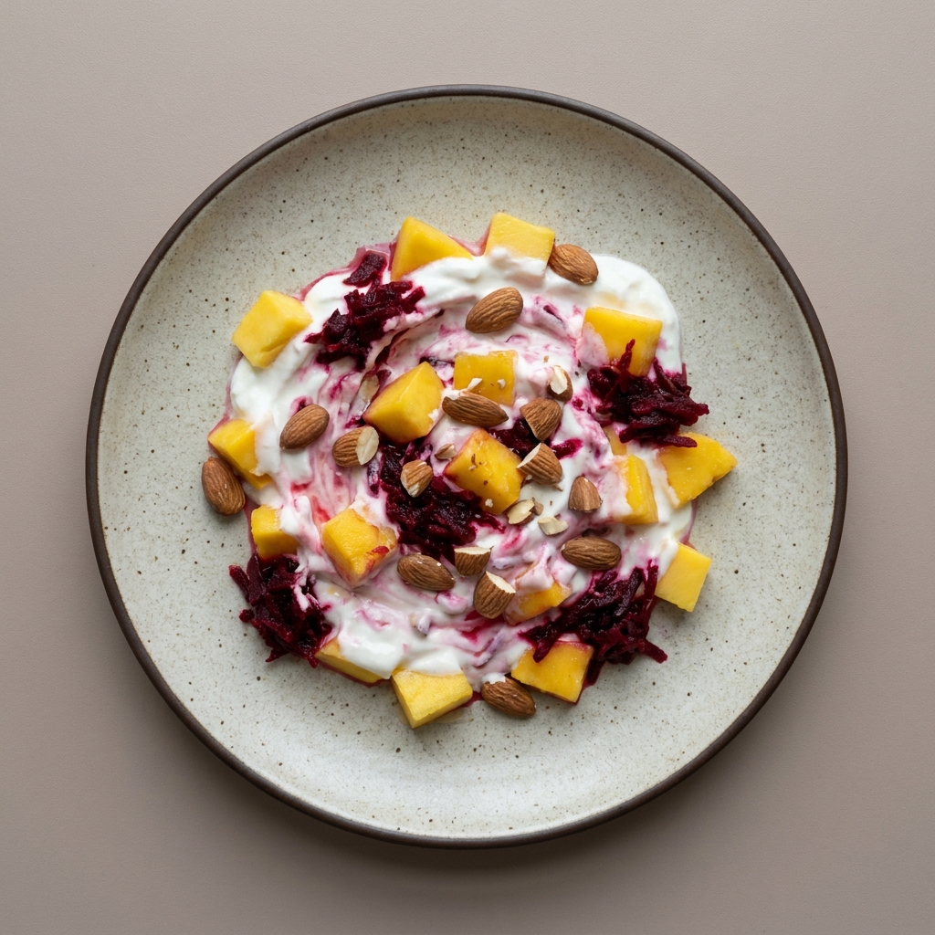 Bowl de yogurt con mango, betabel rallado y almendra