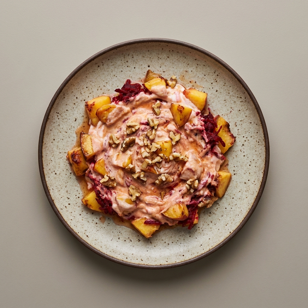 Bowl de yogurt con durazno, betabel rallado y nuez