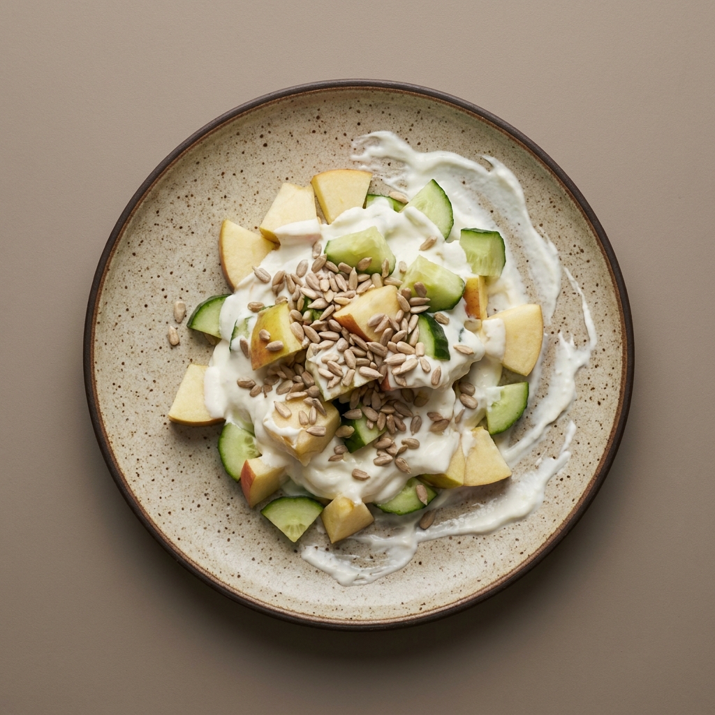 Bowl de yogurt con manzana, pepino y girasol