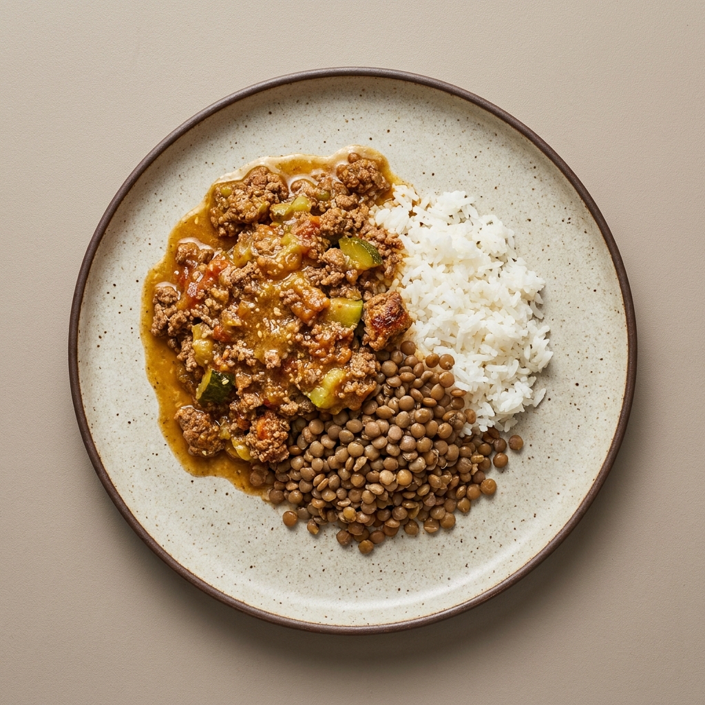 Res molida en salsa de ajonjolí con calabacita, lentejas y arroz