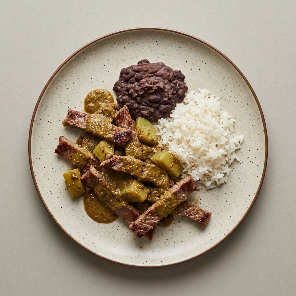 Cecina de res en pipián de pepita con chayote, frijoles y arroz