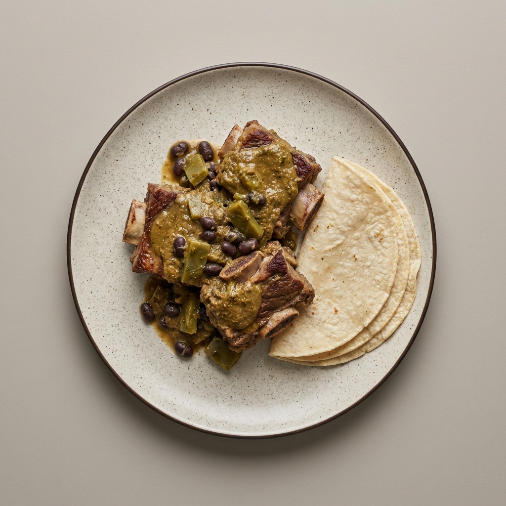 Costilla de res en pipián de pepita con nopales, frijoles y tortilla