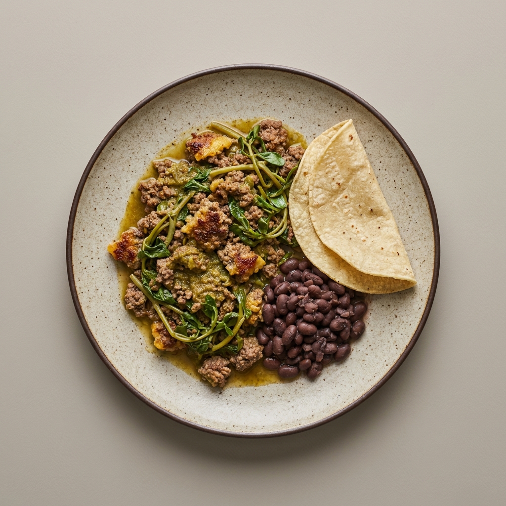 Res molida en pipián de pepita con verdolagas, frijoles y tortilla